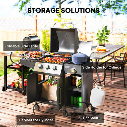 3 Burner Propane Gas Grill With Side Burner Barbecue Grill With Shelves, 9.5 KW Output, 310 Sq. In. Cooking Area