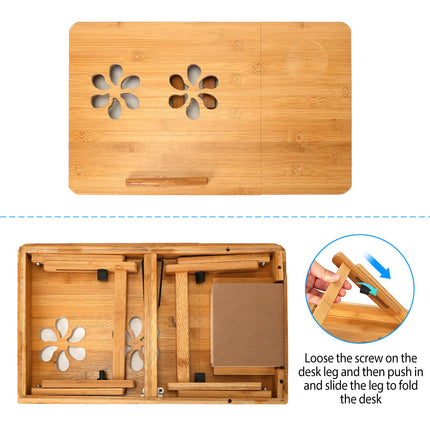 1Pc Bamboo Laptop Desk Breakfast Serving Bed Tray Foldable Leg Multi-Position Adjustable Tilt Surface Bed Lap Tray With Side Storage Drawer For Work Study Reading