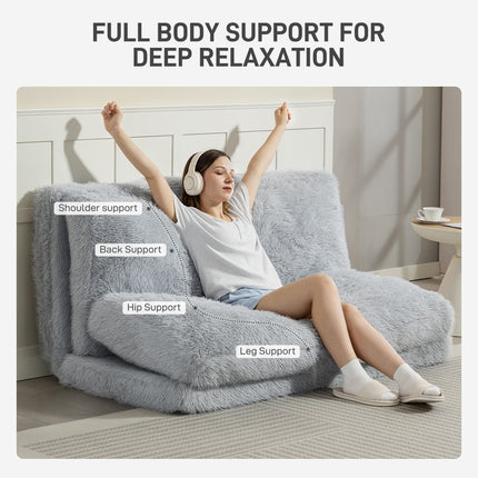 Bean Bag Floor Sofa Bed, Contemporary Plush Wide Folding Floor Mattress, Foam Filling Wall Couch Sleeper, Light Gray