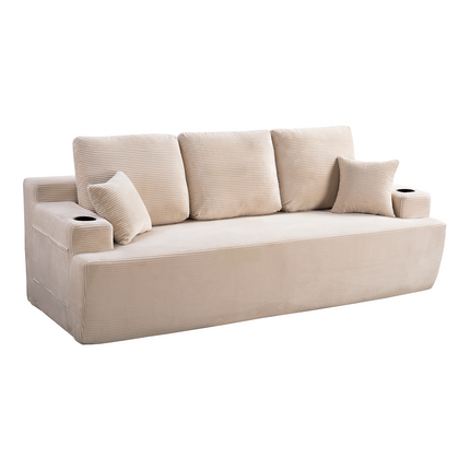 87 In 3-Seater Sofa For Living Room, Comfy Couches With Deep Seat, Plush Corduroy Fabric  With Cup Holders And Side Storage Pockets For Apartment Lounge