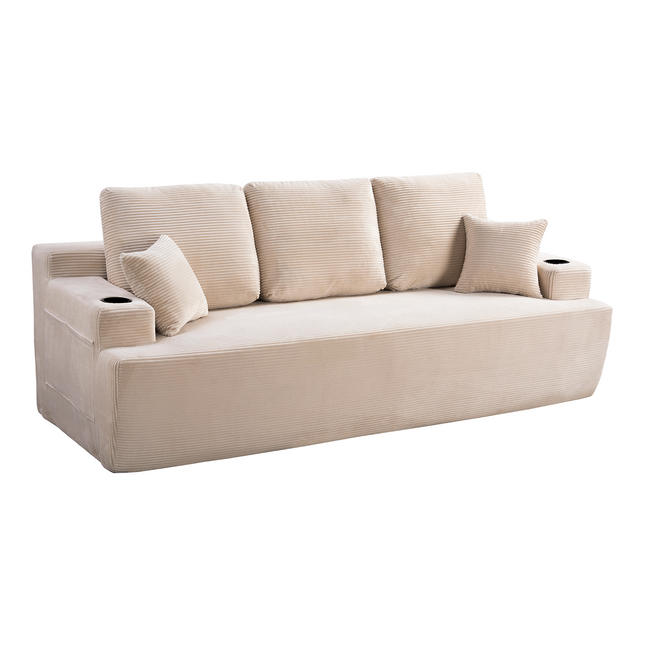 87 In 3-Seater Sofa For Living Room, Comfy Couches With Deep Seat, Plush Corduroy Fabric  With Cup Holders And Side Storage Pockets For Apartment Lounge