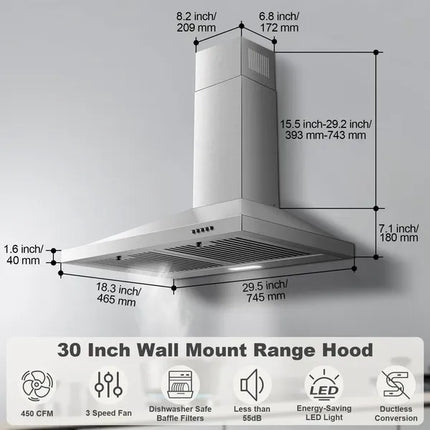 Range Hood 30 Inch, Wall Mount Range Hood Ducted/Ductless, Kitchen Hood In Stainless Steel, Vent Hood With Baffle Filters, 3 Speed Fan, Push Button Control, Energy-Saving LED Light