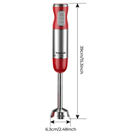 HB-2016A 5-in-1 Hand Immersion Blender, 30 Speeds Handheld Blender, Copper Motor Stainless Steel Blade Stick Blender,600ml Mixing Beaker,500ml Food Processor, Whisk, Milk Frother, BPA-Free, Red