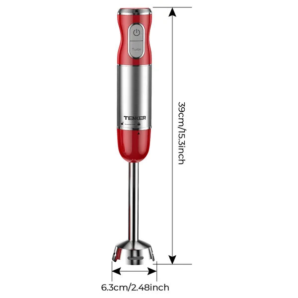 HB-2016A 5-in-1 Hand Immersion Blender, 30 Speeds Handheld Blender, Copper Motor Stainless Steel Blade Stick Blender,600ml Mixing Beaker,500ml Food Processor, Whisk, Milk Frother, BPA-Free, Red