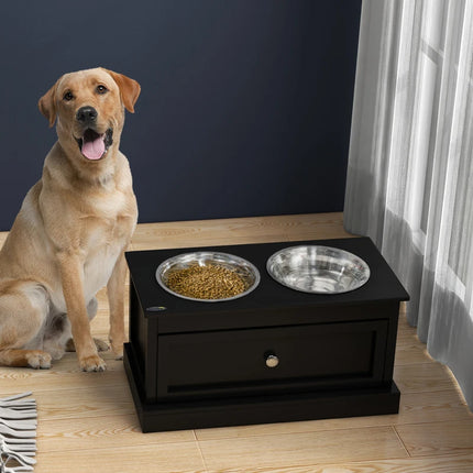 Dog Bowls With Storage Drawer, Raised Dog Bowl Stand Pet Food Bowl Dog Feeding Station, Black