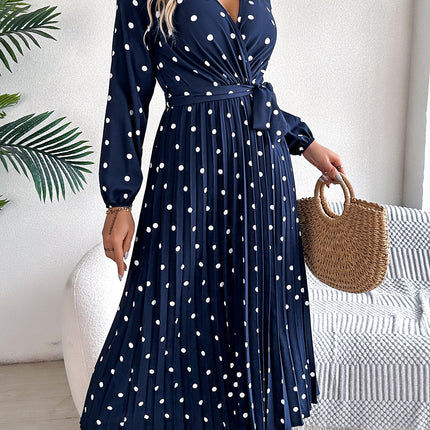 Spring Summer Elegant Long Dress Cross V-Neck Contrast Polka Dot Long Sleeve Pleated Bridesmaid Dresses