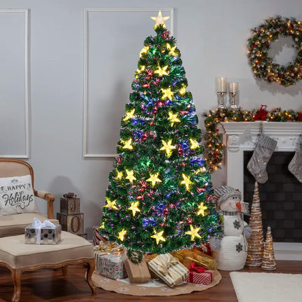 7FT Pre-lit Fiber Optic Christmas Tree With Large Stars, Artificial Xmas Tree Spruce Tree Green Tree With Metal Stand,Full Tree For Holiday Decoration