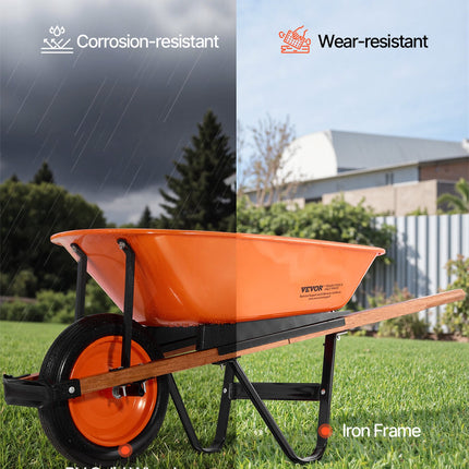 Wheelbarrow Cart, 5 Cu. Ft. Load & 265 Lbs Capacity, One Wheel Garden Dump Cart, Garden Wagon With Metal Handle & 16" Wide Track Wheels, Easy Loading Utility Yard Cart & Wagons For Lawn Farm