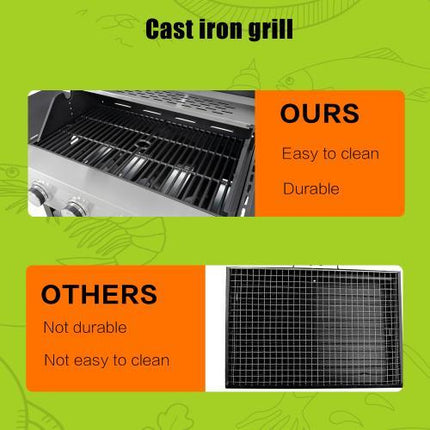 Propane Four-burner Stainless Steel Gas Grill With Side Burners, Suitable For Outdoor Patios And Gardens.