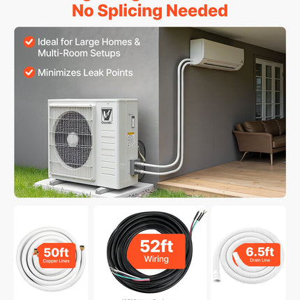 50ft Mini Split Line Set, 3/8” & 5/8” OD AC Copper Tubing Pipe, 3/8 White PE Thickened Insulated Coil With Flared Nuts, Rich Fittings, For Mini Split Air Conditioner HVAC Or Heat Pump System