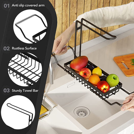 Expandable Kitchen Sink Caddy Organizer, Stainless Steel Over Sink Sponge, Bottle, Dishcloth, BrushTowel Holder, Rustproof Non-Slip - Small