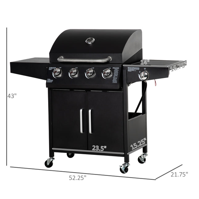 52" Barbecue Grill With Wheels 4+1 Burner Liquid Propane Gas Grill Outdoor Cabinet Style BBQ Trolley W/ Side Burner, Warming Rack