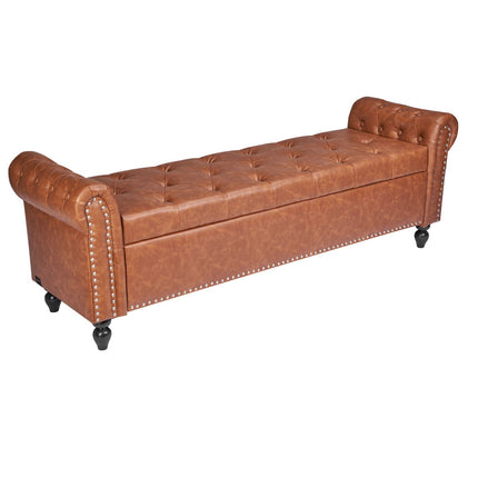 Button-Tufted Storage Ottoman Bench, Rolled Arm PU Leather Bench With Solid Wood Legs, Modern Shoe Benches Seat For Entryway, Upholstered End Of Bed Benches For Living Room, Dining Room, Brown