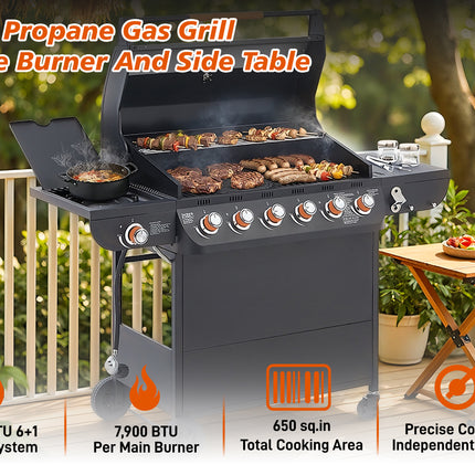 6 Burner BBQ Propane Gas Grill With Side Burner 72000 BTU Output Stainless Steel Barbecue Grill With Cast Iron Grates And Side Tables For Outdoor Cooking Kitchen And Patio Backyard.