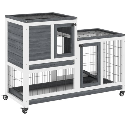 Wooden Rabbit Hutch Elevated Bunny Cage Indoor Small Animal Habitat With Enclosed Run With Wheels, Ramp, Removable Tray For Rabbits, Chickens, Ducks, Guinea Pigs, Gray