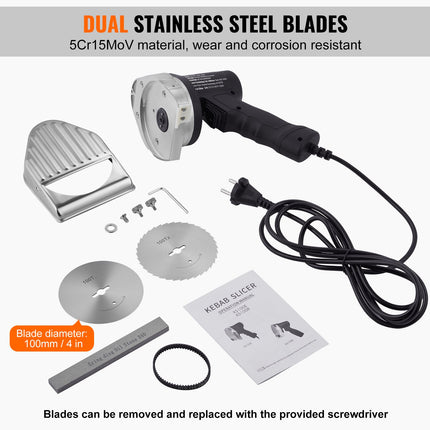Electric Shawarma Knife, 80W Professional Turkish Kebab Knife, Commercial Stainless Steel Gyro Cutter, Doner Kebab Meat Slicer With 2 Blades, Φ4'/100mm Blade Diameter, 0-8mm Adjustable Thickness