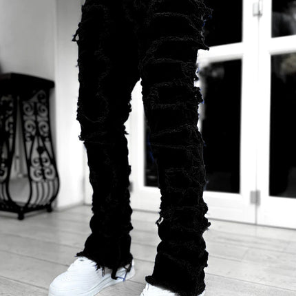 Ins Fringes Ripped Trousers Individual Patched Pants Long Tight Fit Stacked Jeans For Mens Clothing