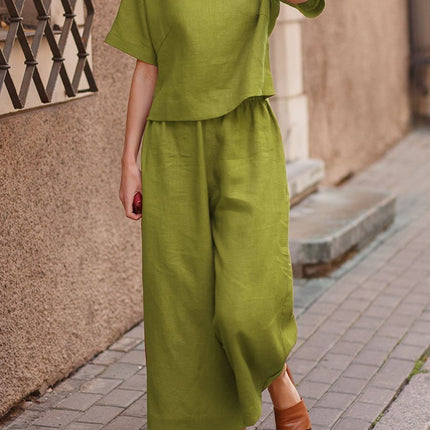 European And American Women's Linen Casual Loose Solid Color Suit Two-piece Women