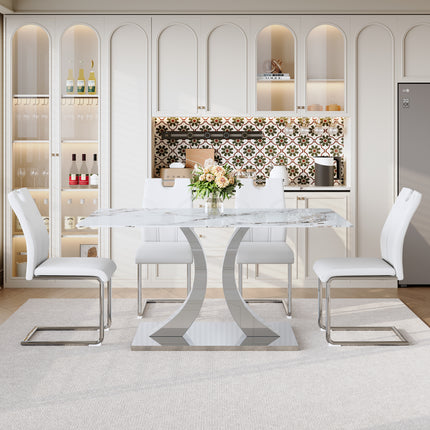 Luxury Modern 63-inch Dining Table Set With 4 Upholstered Chairs, White Tempered Glass Rock Top & Adjustable Stainless Steel Base, Convertible Table For Multiple Diners, Fashion Home Furniture