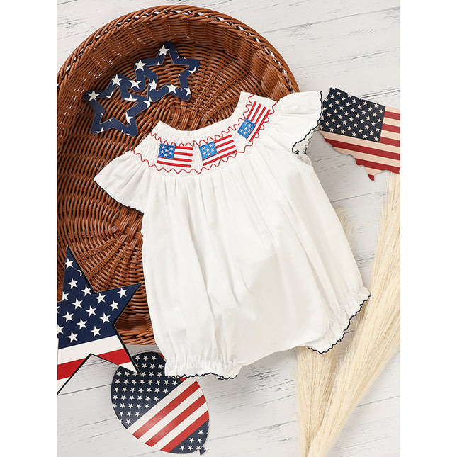 Baby Girl 4th Of July Bubble Romper, Smocked Fly Sleeve Bodysuit With American Flag Embroidery