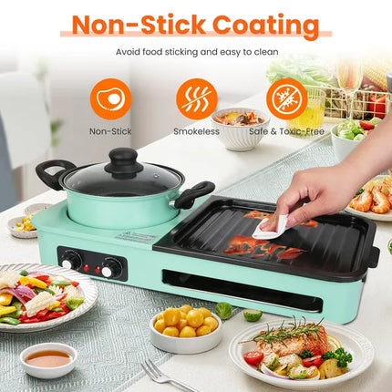 Electric Grill And Hot Pot Combo - 1600W Smokeless Korean BBQ Grill With Dual-Zone Cooking Non-Stick Surface & Adjustable Temp Control For 3-6 People Indoor/Outdoor Use