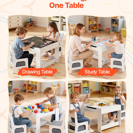 Kids Table And 2 Chairs Set, Toddler Table And Chair Set With Storage Space Under The Table, Cloth Storage Box Under The Chairs, Wooden Desk For Art, Craft, Reading, Learning, Drawing, White