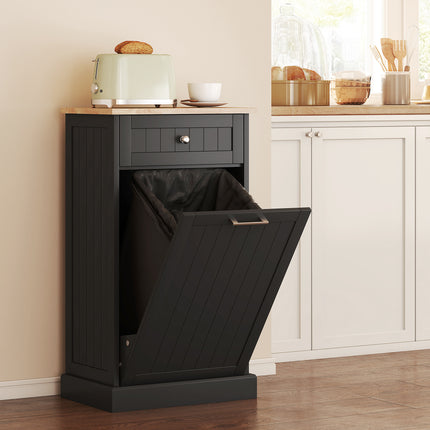 Kitchen Tilt Out Trash Bin Cabinet Free Standing Recycling Cabinet Trash Can Holder With Drawer, Black