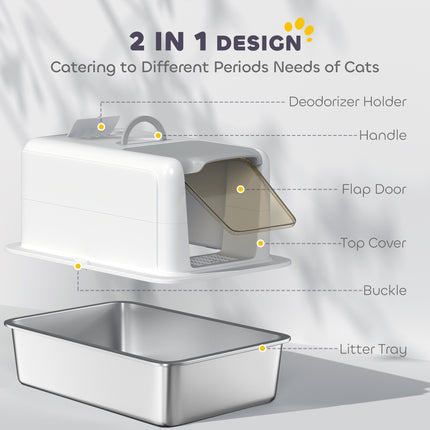 2 in 1 Stainless Steel Cat Litter Box with Removable Lid, Scoop, Filter Bags, for Small to Large Cats, White