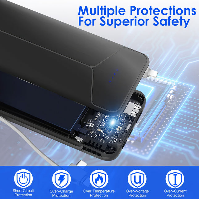 10000mAh Power Bank Portable Charger With US Plug 2 Built-in Cables External Battery Pack With 4 Ouputs 3 Inputs Fit For IOS Phone 14 Android And More