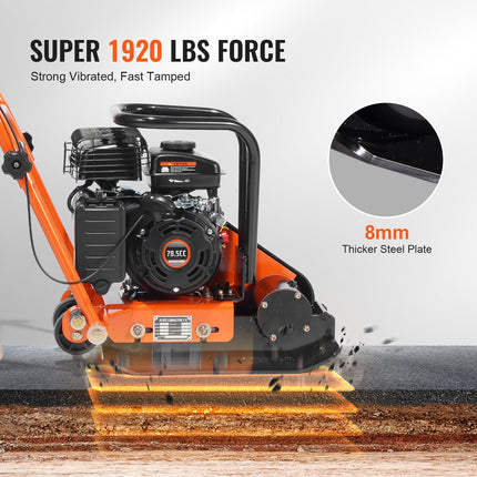 78.5CC Gas Engine 5,250 VPM, 1,920 Lbs Force Vibratory Compaction Tamper With 18.7 X 11.8 Inch Plate For Walkways, Patios, Asphalts, Paver Landscaping