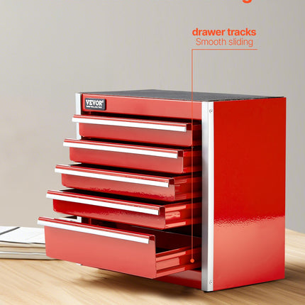 Metal Tool Box, 8.6-inch, Portable Metal Tool Box With 5 Drawers, Small Tool Chest With EVA Liners And PP Feet Pads, Heavy-Duty Steel With Ball Bearing Opening And Powder Coated Finish, Red