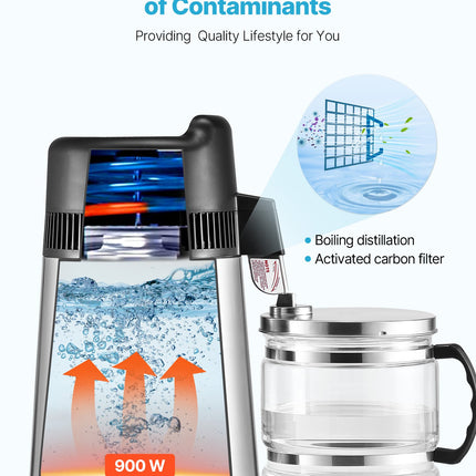 6L Water Distiller Home Countertop Purifier Machine 900W Stainless Steel Glass