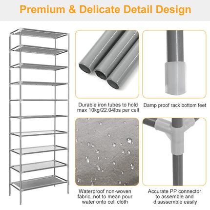 10 Tiers Shoes Rack Shelves 27 Pairs Shoes Storage Organizer Stand Non-Woven Fabric Detachable Shoes Tower Stackable Shoes Storage Rack For Entryway