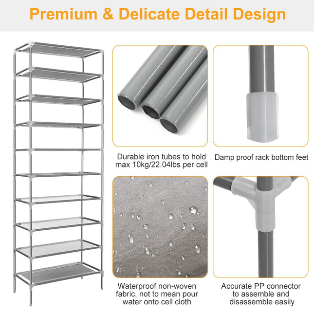 10 Tiers Shoes Rack Shelves 27 Pairs Shoes Storage Organizer Stand Non-Woven Fabric Detachable Shoes Tower Stackable Shoes Storage Rack For Entryway