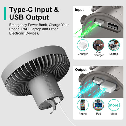 Camping Fan With Lantern Rechargeable Battery Powered Portable Tripod Fan For Tent With Hanging Hook Carabiner Emergency Power Bank Desk Fan With Timer Speed Brightness Setting
