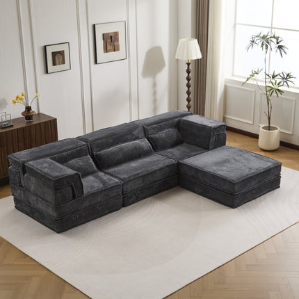 Compression Mahjong Sofa,Convertible Floor Sofa Bed,DIY Boneless Modular Sectional Sofa,No Assembly Required,Circle Fleece Fabric,Oversized 3 Seater With 1 Ottoman,Dark-grey