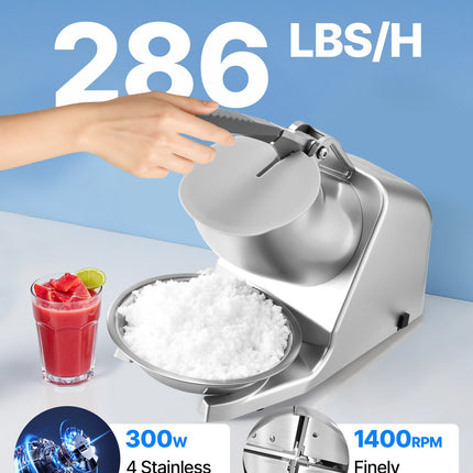 Commercial Ice Crusher 286LBS/H Electric Snow Cone Maker Shaved Ice Silver