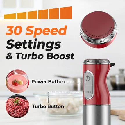 HB-2016A 5-in-1 Hand Immersion Blender, 30 Speeds Handheld Blender, Copper Motor Stainless Steel Blade Stick Blender,600ml Mixing Beaker,500ml Food Processor, Whisk, Milk Frother, BPA-Free, Red