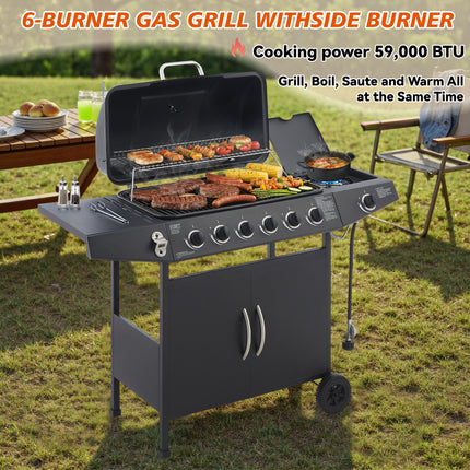 6 Burner BBQ Propane Gas Grill With Side Burner 59000 BTU Output Stainless Steel Barbecue Grill With Enamel-Coated Grates And Side Tables For Outdoor Cooking Kitchen And Patio Backyard.