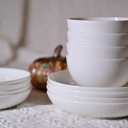 Setaria Bone China Dinnerware Set, 12 Pieces, Service For 4, Plates, Dishes, Bowls Set, Microwave And Dishwasher Safe, Ivory White With Narrow Curve Stripe