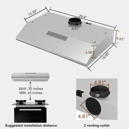 30 In Under Cabinet Range Hood 250 CFM Stainless Steel Kitchen Stove Vent Hood