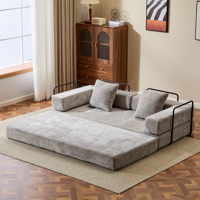 Floor Couch,Compression Sofa,Convertible Floor Sofa Bed-with Pillow Back Support Armrest,Comfy Futon Couch Lounge Sleeper Bed,Chenille Fabric,for Living Room Bedroom LIGHT-GREY