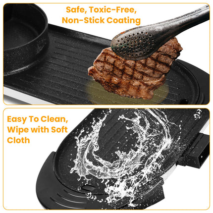2200W  2 In 1 Electric Hot Pot With BBQ Grill Cooker Smokeless Non-Stick Korean BBQ Grill Shabu Shabu Hot Pot With Independent Temperature Control 5 Gears Firepower For 2-10 People