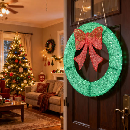 Christmas Wreath Decoration, LED Metal Holiday Decoration In Green Yellow