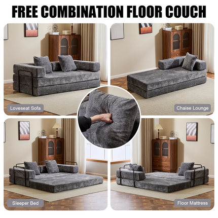 Floor Couch,Compression Sofa,Convertible Floor Sofa Bed-with Pillow Back Support Armrest,Comfy Futon Couch Lounge Sleeper Bed,Chenile Fabric,for Living Room Bedroom DARK-GREY