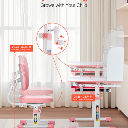 Kids Study Chair And Desk Set, Study Desk And Chair For Kids With Bookshelf & Storage Drawer, Adjustable Height & 0-40° Tilted Desktop Desk And Chair, Study Table For Bedroom & Study Room, Pink