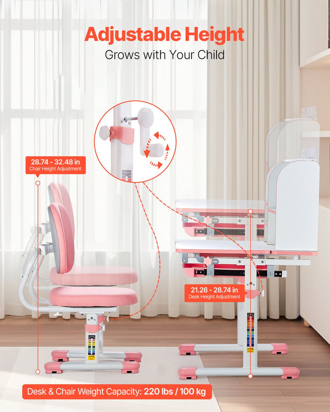 Kids Study Chair And Desk Set, Study Desk And Chair For Kids With Bookshelf & Storage Drawer, Adjustable Height & 0-40° Tilted Desktop Desk And Chair, Study Table For Bedroom & Study Room, Pink