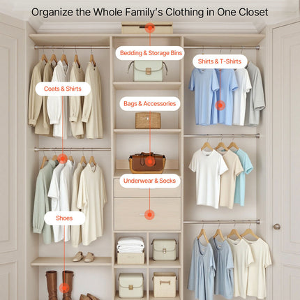 Closet System With 2 Drawers, Adjustable Height Wooden Closet Organizers, Modern Walk-in Wardrobe Organization With 5 Retractable Clothes Hanger Rods, Freestanding Garment Rack Storage, Grey