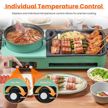Electric Grill And Hot Pot Combo - 1600W Smokeless Korean BBQ Grill With Dual-Zone Cooking Non-Stick Surface & Adjustable Temp Control For 3-6 People Indoor/Outdoor Use