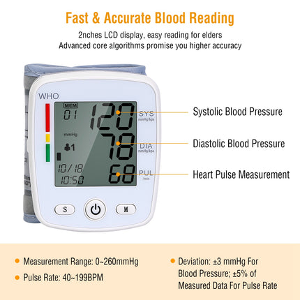 1Pc Blood Pressure Monitor Wrist Digital High Blood Pressure Cuff Heartbeat Tester With 90x2 Reading Memory 2In LCD Screen Storage Box